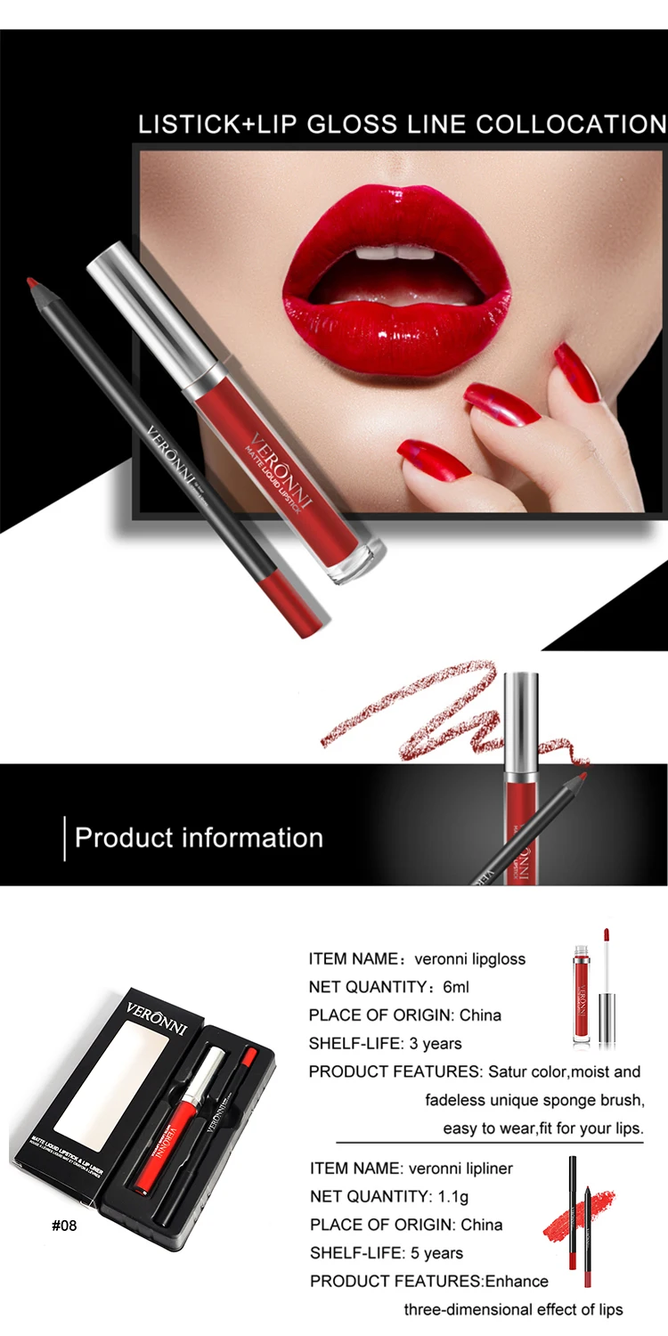 VERONNI Maquiagem Non Stick Cup Waterproof Long-lasting Lip Gloss Pigment Matte Liquid Lipstick Lip Liner Set Makeup Lips Set