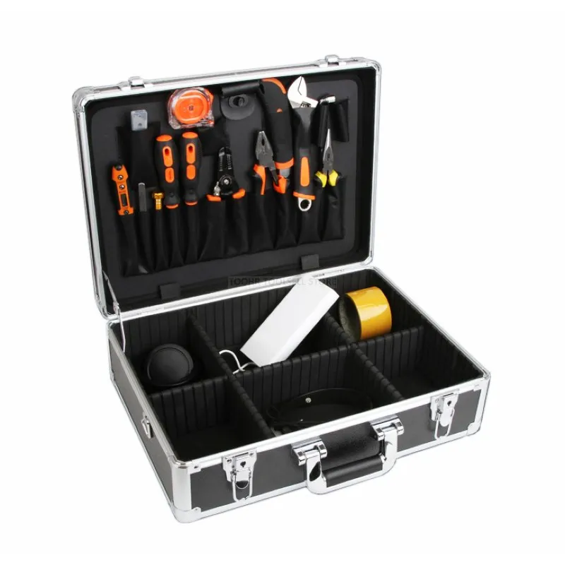 

Aluminum tool case Metal toolbox Impact resistance Electrician instrument equipment box with adjust the insert & Shoulder strap