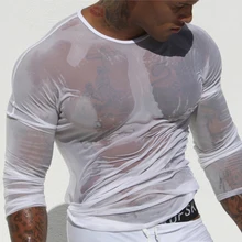 Летняя мужская футболка для бега, супер тонкая, для фитнеса, ледяной шелк, прозрачная, дышащая, с длинным рукавом, Спортивная, для спортзала, для пробежек, футболка, мужские топы