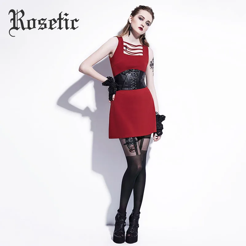 

Rosetic Gothic Women Mini Dress Red Wine Sleeveless Patchwork Defined Waist sexy Retro PU Fashion Female Goth Dresses Summer