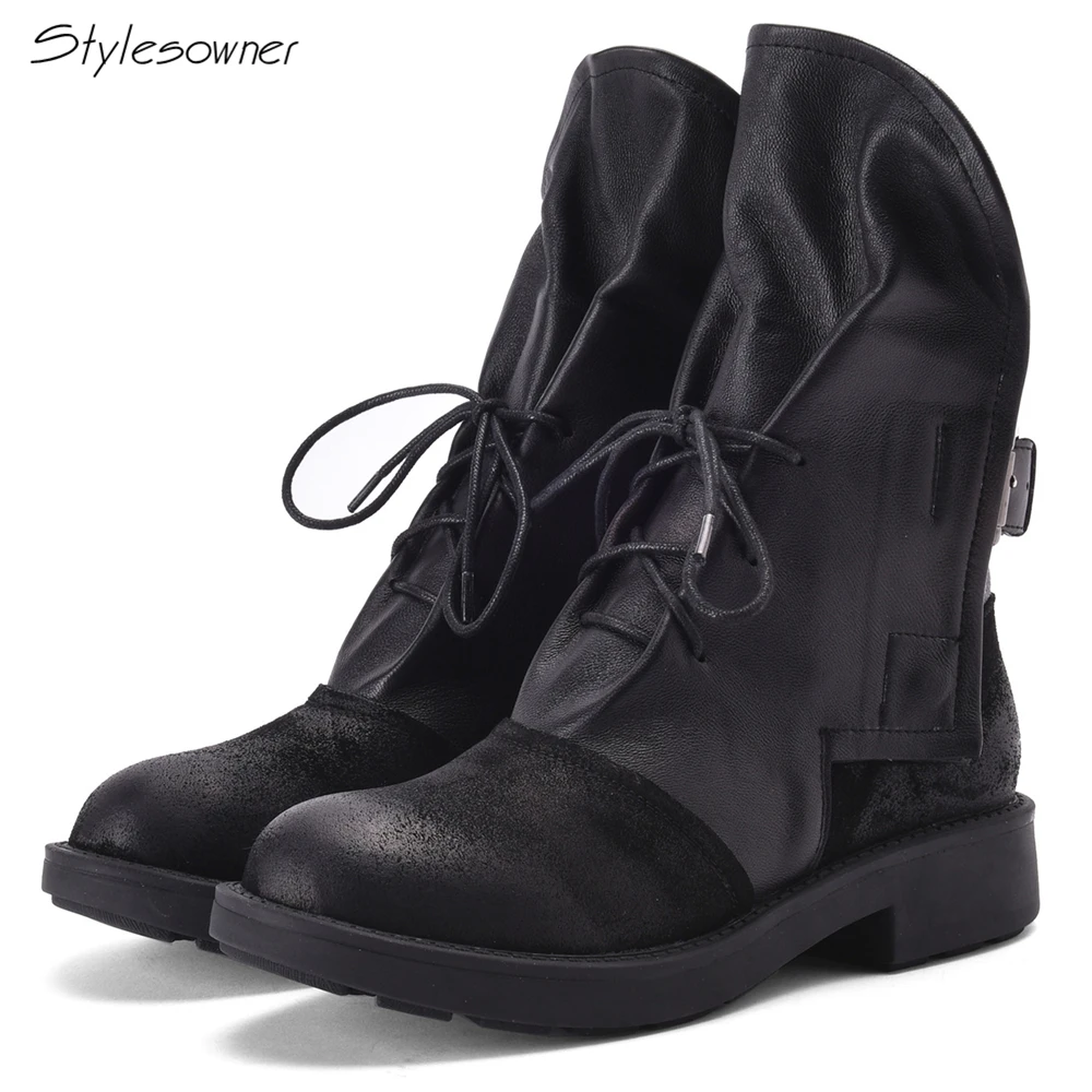 

Styleoswner Women Fold Real Leather Lace Up Ankle Boots Fashion Motorcycle Black Shoes Leather Strap Buckle Short Casual Boots