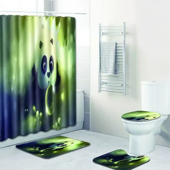

The Panda Flannel Floor Rug and Shower Curtain Set 3D Blue Carpet Bathroom Anti Slip Carpet for Home textile India good for Gift