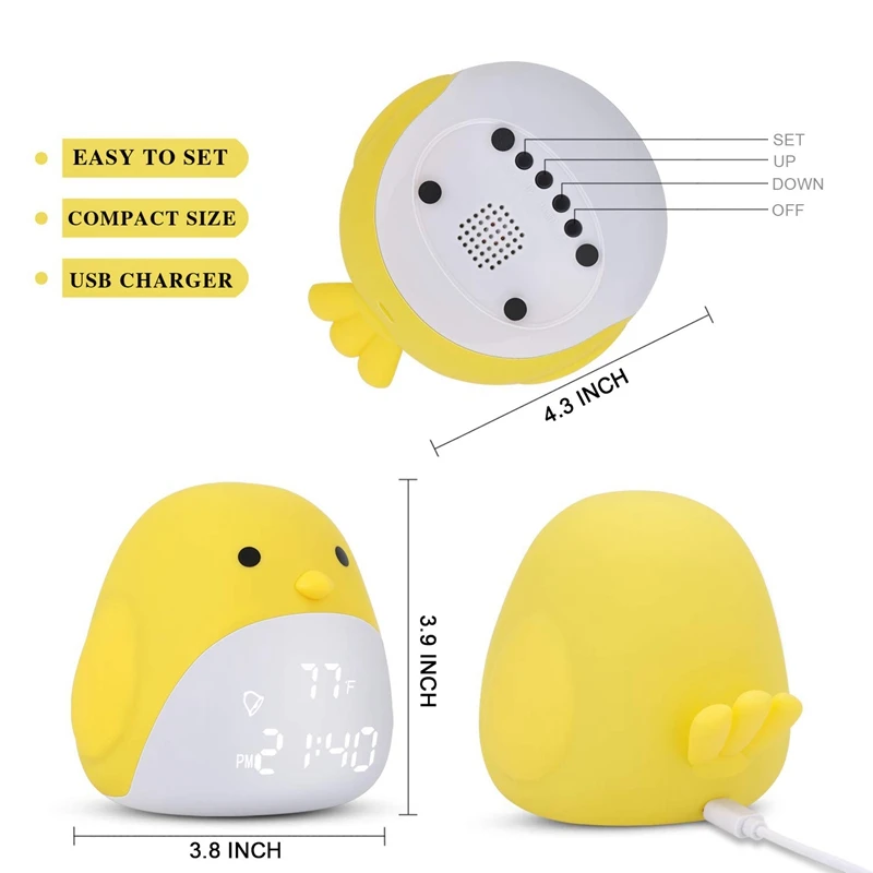 Kids Alarm Clock,Cute Chick Alarm Clock For Girls Boys,Night Light Clock With 3 Color Changing,Wake Up Digital Clock For Kids