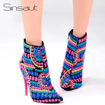 

11.11 Sinsaut Shoes Women Winter Boots Fuchsia Sequined Cloth High Heels Ankle Boots for Women Trending Ponted Toe Warm Boots
