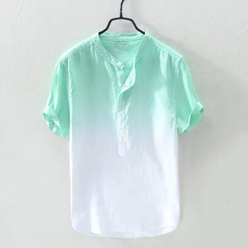 

Summer Men's Stylish Shirts Double Color Gradient of Pure Flax Short Sleeve Shirt Half Button Up Stand Collar Top Oversized