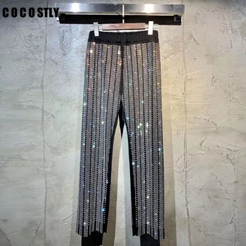 

Women Wide Leg Pants Casual Loose High Elastic Waist Harem Pants Loose Full Diamonds Elasticated Trousers