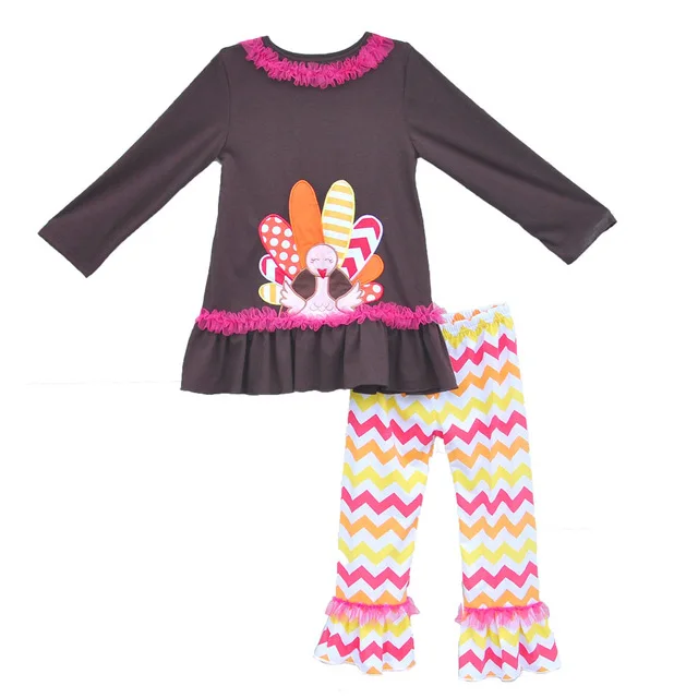 

Thanksgiving Day Baby Girls Clothes Set Big Turkey Top Colorful Chevron Pants With Lace Cheap Remake Wholesale Clothing T005