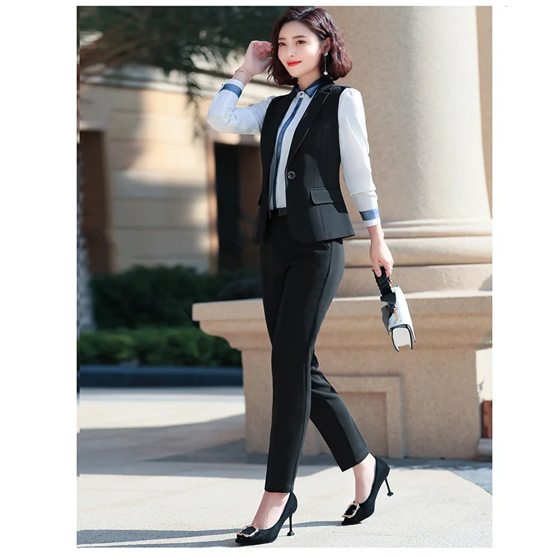Корейский стиль, осенняя деловая офисная юбка, костюм, элегантный жилет+ Юбка До Колена, костюм из 2 предметов, женская униформа