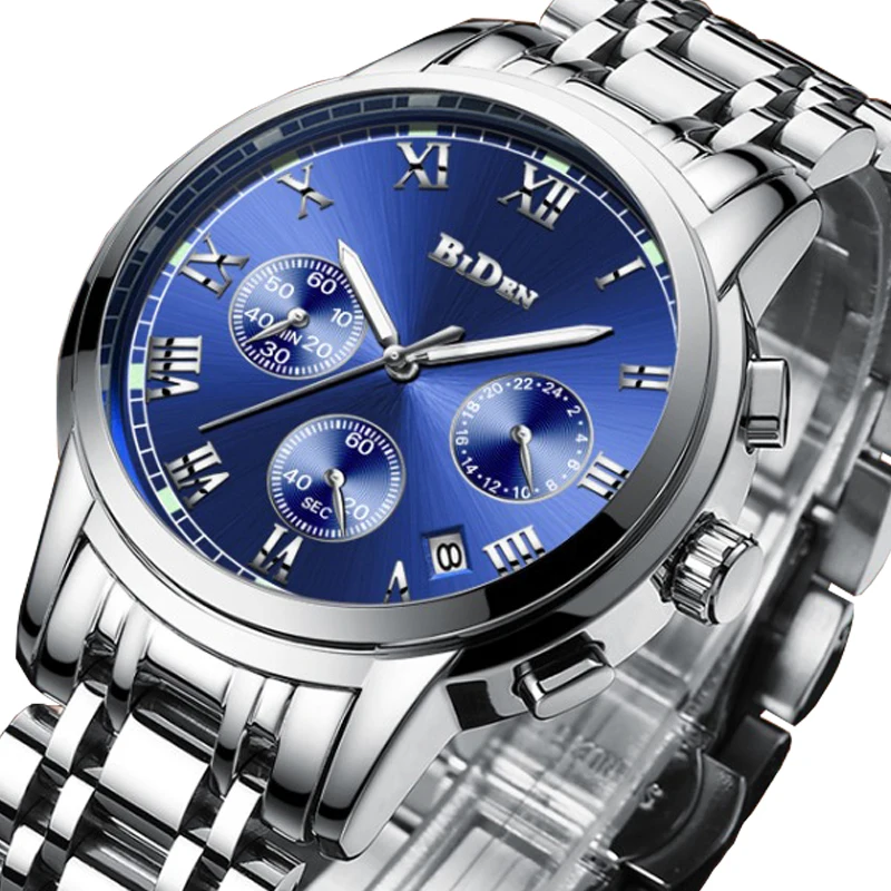 

BIDEN Silver Blue Color Men Watch Luxury Top Brand Men's Watch Fashion Dress New Military Quartz Wristwatch Hot Clock Male Sport
