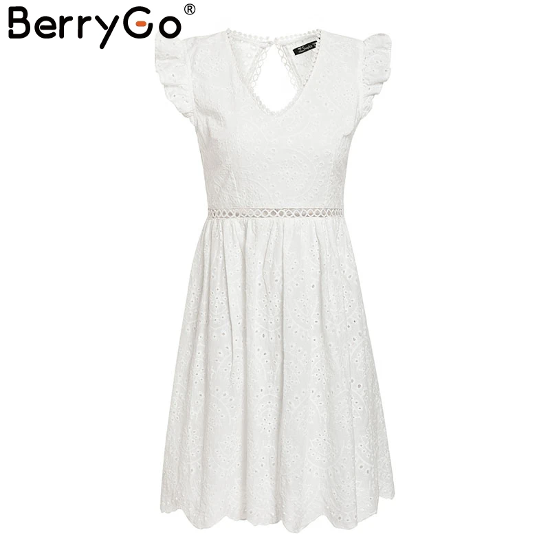 BerryGo, сексуальное Белое Женское летнее платье,, выдалбливают, v-образный вырез, вышивка, хлопковое платье, вечерние, с открытой спиной, длиной до колен, женские платья