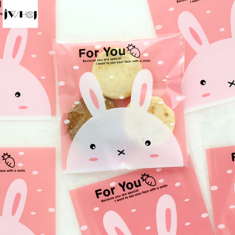 

100 pcs Cute pink rabbit adhesive bag cookies diy Gift Bags for Christmas Wedding Party Candy Food&Handmade soap Packaging bags