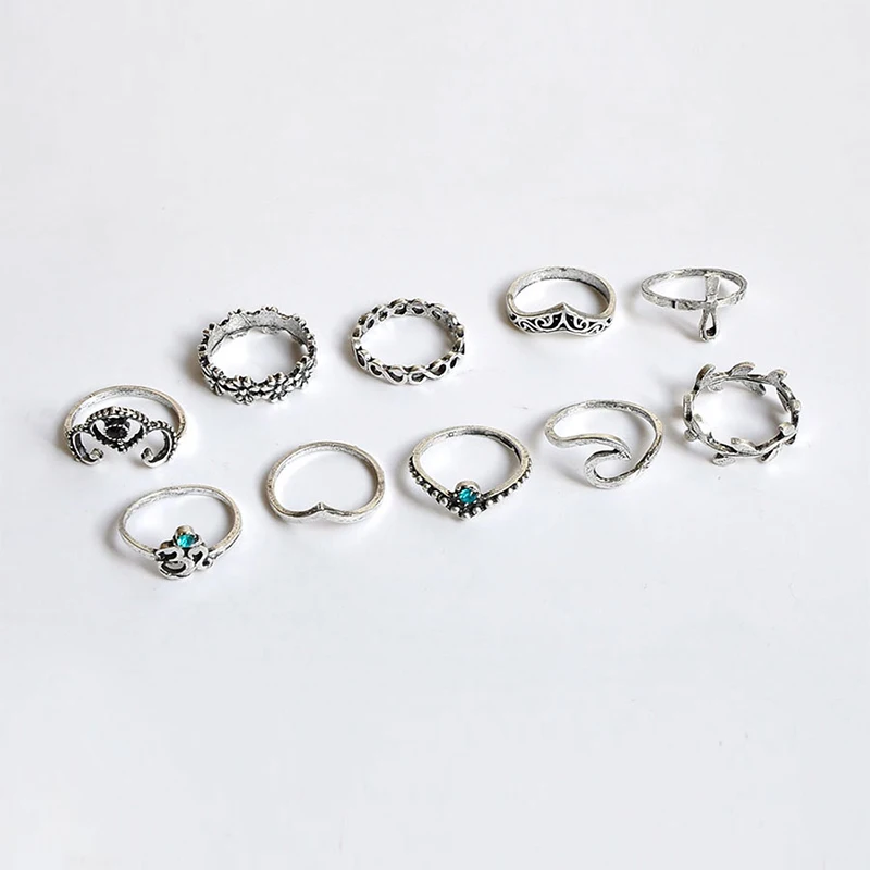 

10pcs/Set Bohemia Retro Silver Color Flower Leaves Pattern Carved Rhinestone Rings Sets for Women Jewelry FSPJZ39