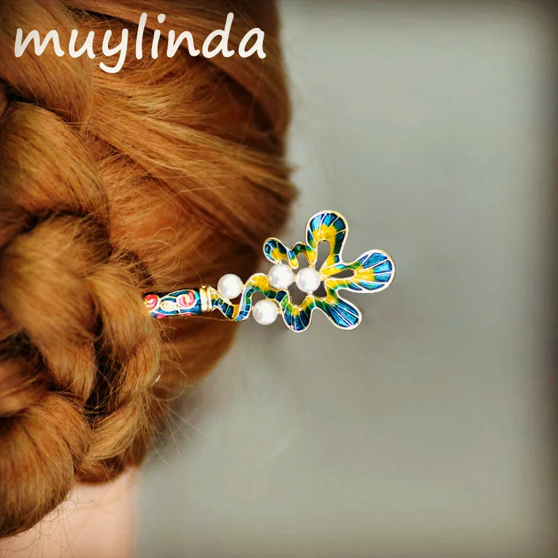 

muylinda Chinese Enamel Hair Stick Pin Trandional Cloud Pattern Hairpin Hair Sticks Vintage Hair Jewelry Accessories