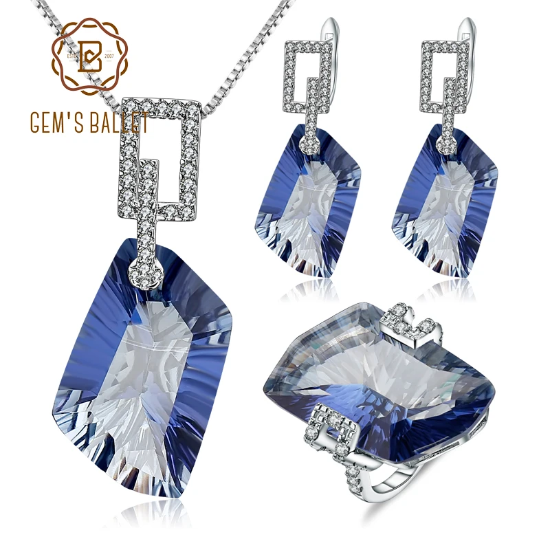 Ювелирный Набор для балета с искусственным синим мистическим кварцем, 925 пробы, серебряное ожерелье, серьги, кольцо