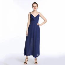 

2018 Women's Elegant Party Dress Spaghetti Strap V-Neck Front Split Low Back Empire Waistline Chiffon Maxi Dress