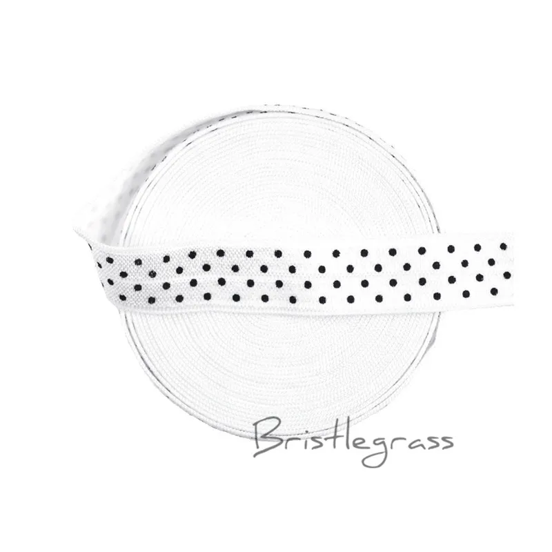 

BRISTLEGRASS 5 Yard 5/8" 1.5cm White Polka Dot Print Fold Over Elastic Spandex Satin Band Hair Tie Hairband Headband Sewing Trim