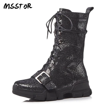 

MSSTOR Shoelaces Rivet Silver Shoes For Women Round Toe Zipper Casual Fashion Wedges Platform Boots Buckle Stray Winter Boots