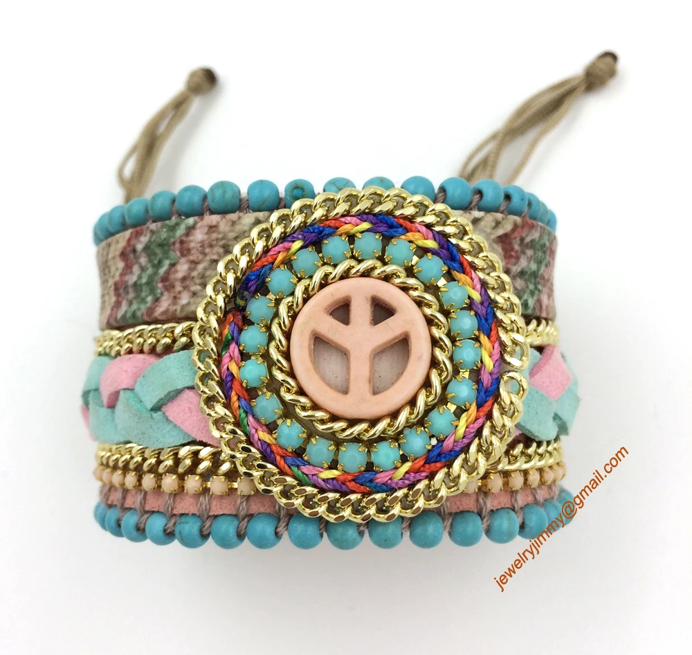 2017 European Unique handmade Jewelry leather Bangle wrap Bohemia bracelet peace symbol beaded Chain  bracelet  for women girl