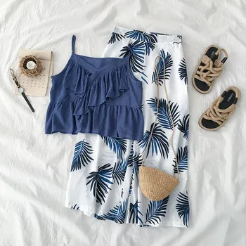 

Sexy 2 Piece Set Women Off the Shoulder Two Piece Set Blue V-Neck Ruffles Tops + Casual Print Elastic Waist Wide Legs Pants