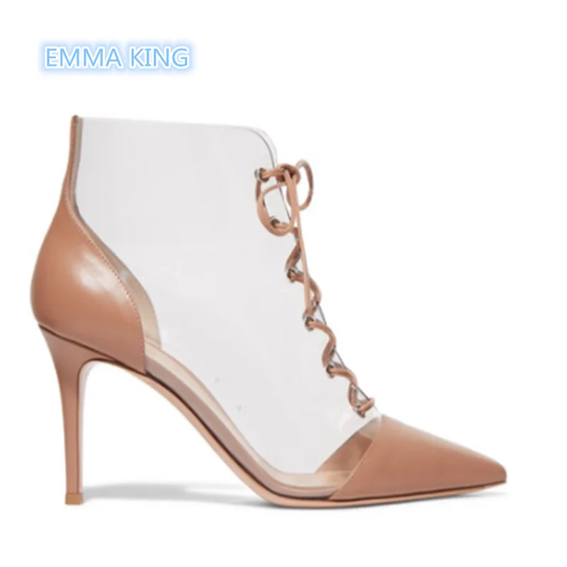 

2019 New PVC Transparent Ankle Boots Women Patchwork Designer Lace Up Sexy High Heels Shoes Pointed Toe Stilettos Woman Botines