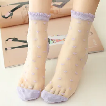 

1Pair Fashion Lovely Women Girls Love Pattern Cotton Blended Ultra thin Socks Transparent Crystal Short Glass Summer Silk Sock