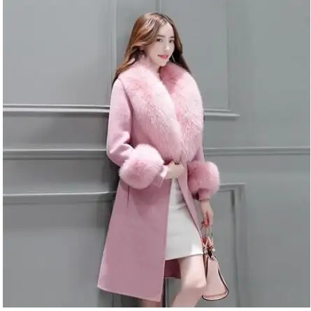 Теплые парки с меховым воротником больших размеров 2XL, шерстяная Верхняя одежда для женщин, новая осенняя/Зимняя шерстяная куртка, женское тонкое длинное шерстяное пальто с поясом - Цвет: Pink