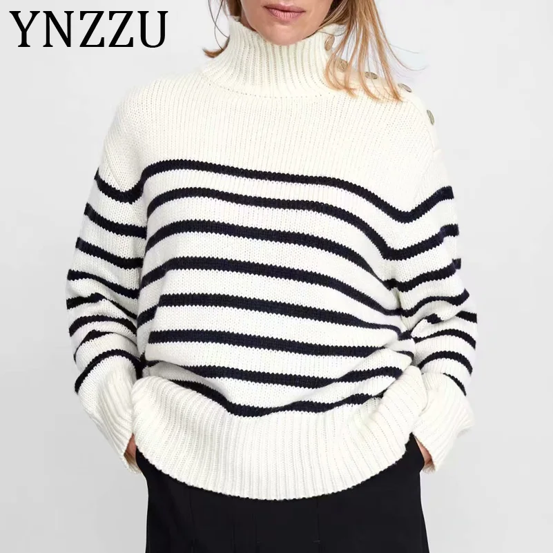 

YNZZU Striped Turtleneck Warm Winter Sweater Women 2019 New Casual Long Sleeve Autumn Knitted Pullover Loose Women Tops AT294