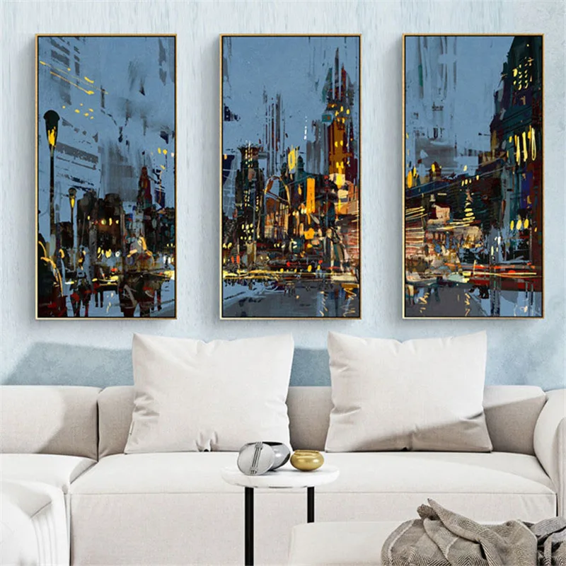 

HAOCHU Nordic Abstract City Landscape Night Scene Home Decor Mural Oil Painting Large Picture Wall Combination Poster Canvas Art