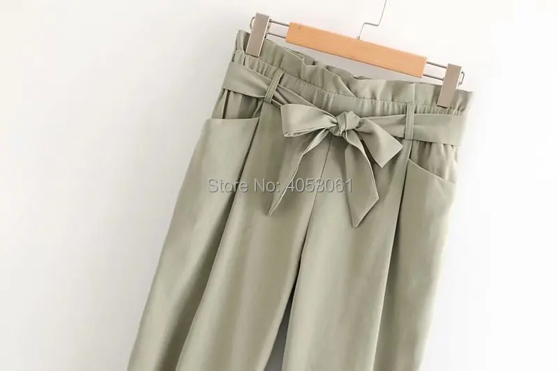 New Women Khaki Paperbag Trousers With Gathered Elastic Waistband- Lady Pleated Pants With Waist Tied Belt& Turn-up Hems