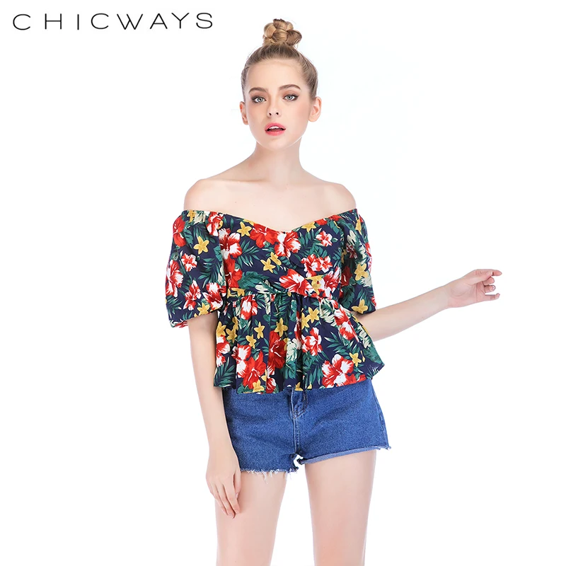 Chicways красочные цветочные короткий рукав летний v образный Вырез Топ Блузки