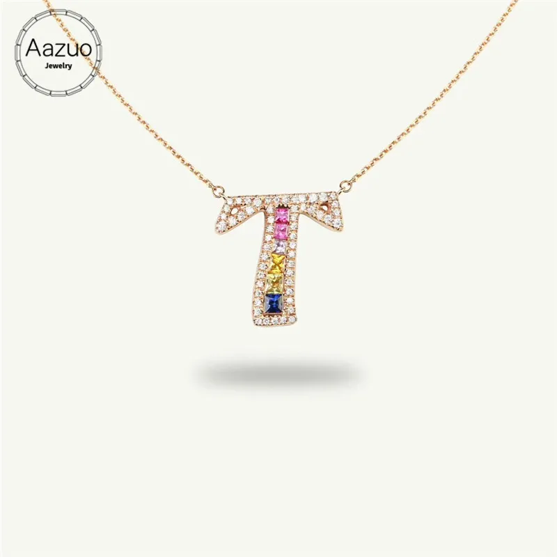 Aazuo 18K Rose Gold Natural Coloured Gemstone Real Diamond Fashion Rainbow Letter Free Pendent Necklace gifted for Women Au750 | Украшения