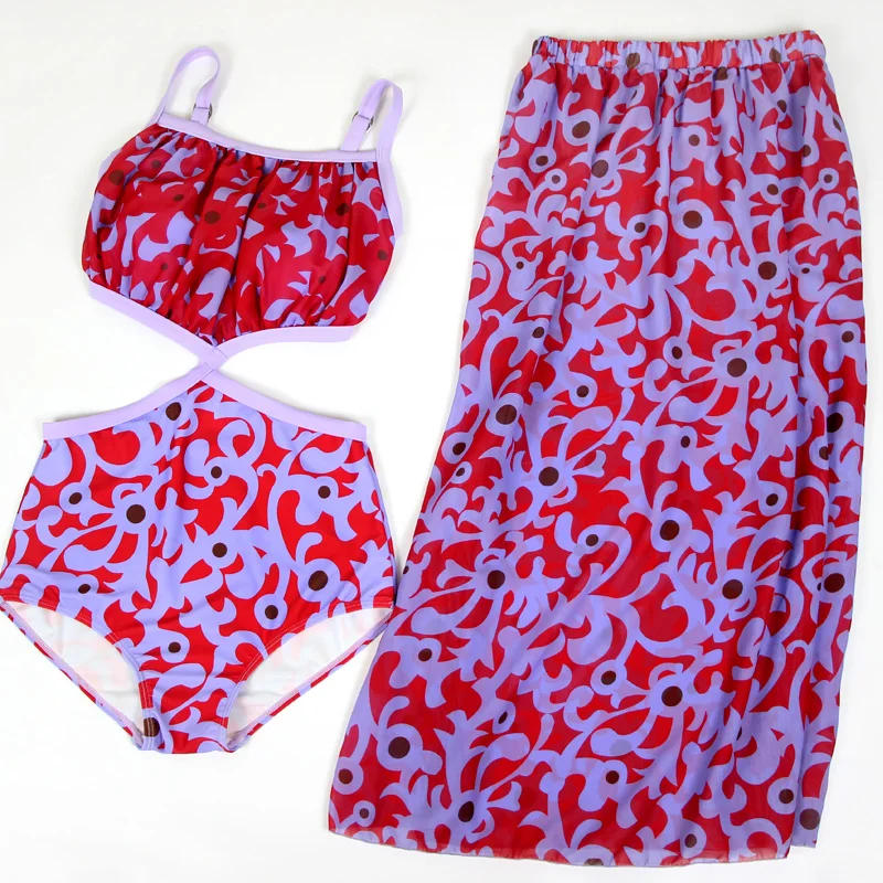 

2019 New Women One Piece Swimwear with Cover Up Sexy Halter Printed Summer High Waist Retro Bathing Suit Swimsuit Beach Wear