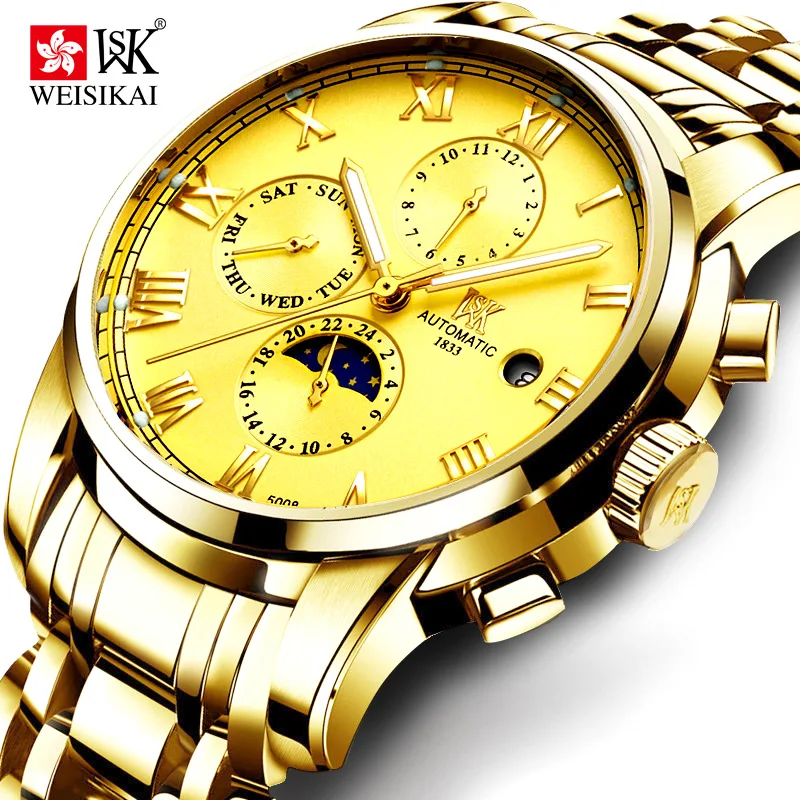 

Swiss Authentic [WEISIKAI] Gold Case Roman-style Business Automatic Men's Mechanical Watch Gold Dial Men's Luminous Wrist Watch
