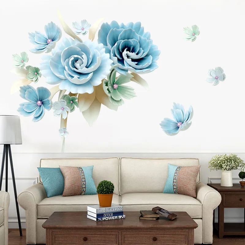 Large 3D DIY Blue Flower Wall Sticker Modern Stickers Wall Decoration for Living Room Removable Mural Wallpaper Art Home Decals
