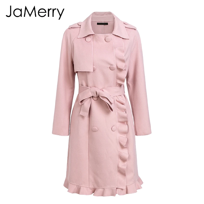 JaMerry Elegant ruffled wide lapel belt women coat Long pink trim wool coat 2018 Autumn winter fashion chic button trench coat