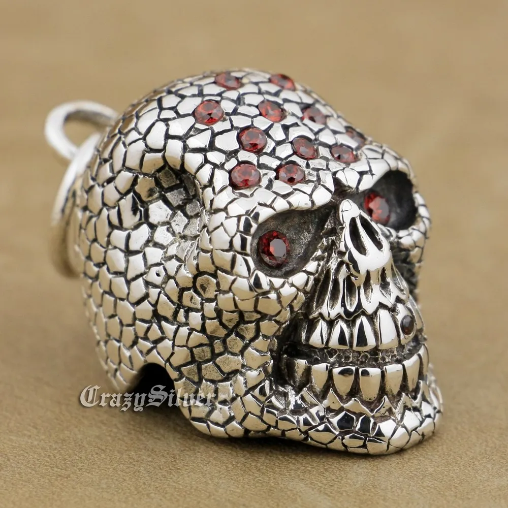 

925 Sterling Silver Red CZ Stones Skull Mens Biker Rocker Punk Pendant 9S024