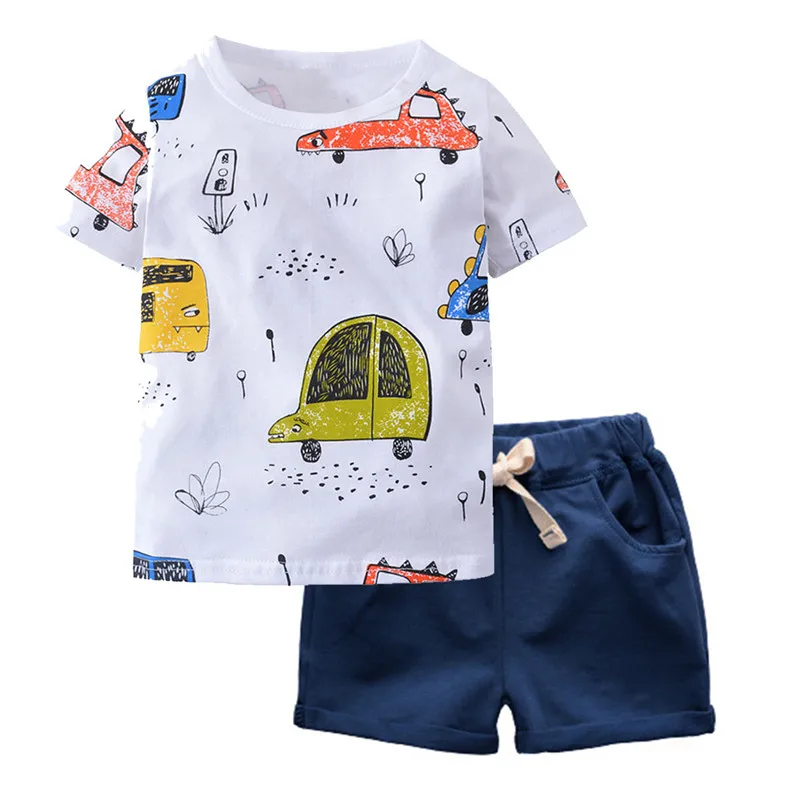 Roupas de Verão dos Desenhos Algodão de Manga T shirt plus Shorts Biniduckling Meninos Bebê Animados Car Imprimir Curta Calças 2 Pçs e set Crianças Outfit Crianças