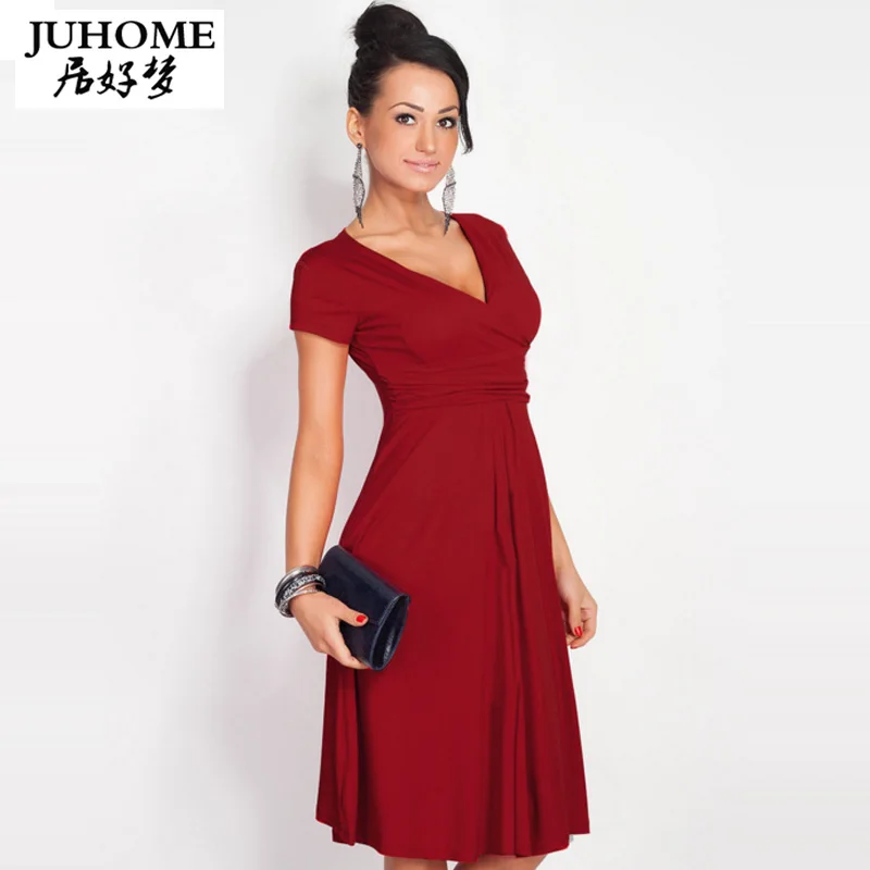 

Big Size Ladies Office tunic Dress womens 2018 New summer HOT red Elegant V-neck short Sleeve Pleated Plus Size Dress Vestidos