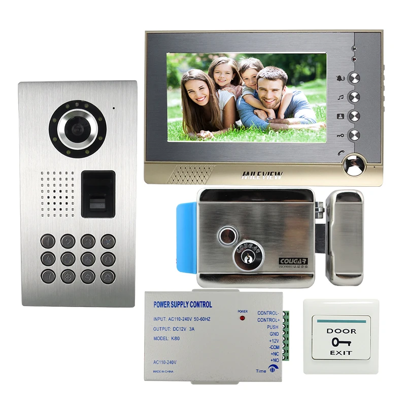 

FREE SHIPPING Fingerprint Code Keypad Unlock 7" Video Door Phone Intercom Recording System + Outdoor Camera + Mechanical Lock