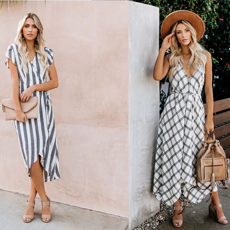 

Vieruodis women's striped V-neck sexy dress sexy V-neck casual dress summer striped dress vestidos