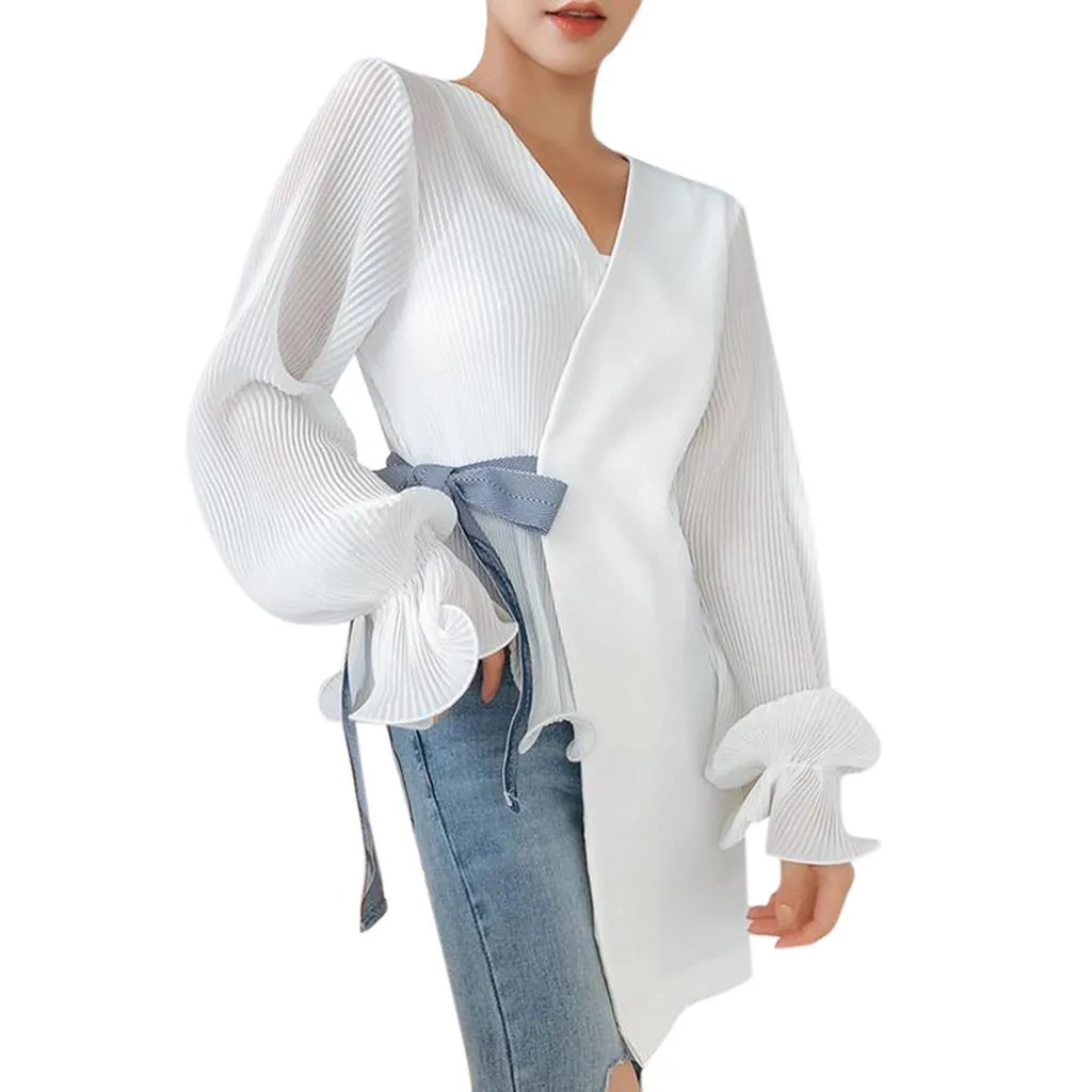 

JAYCOSIN blouses Women shirts winter autumn Elegant solid V-neck Bow Irregular Long Sleeve Petal Sleeve Casual tops kimono 9718