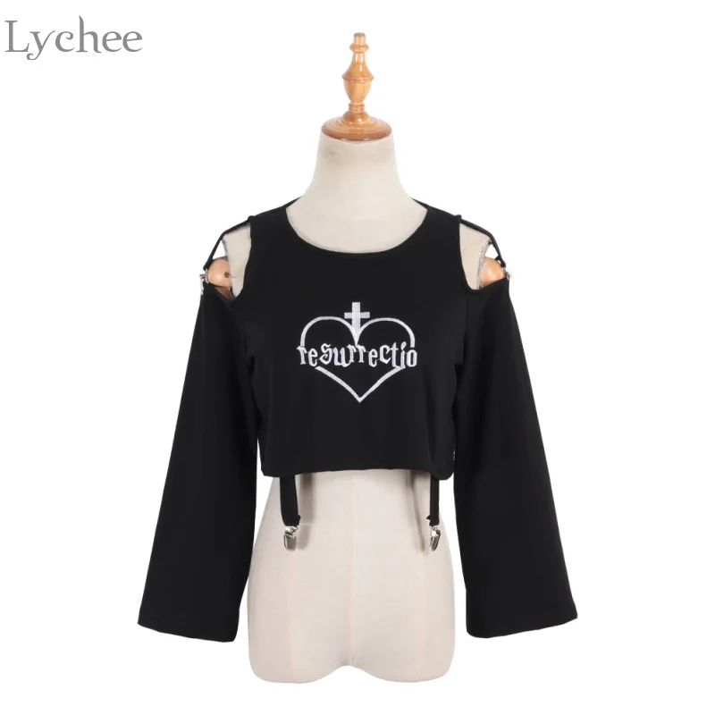 Lychee Harajuku Готическая женская футболка сердце крест принт с открытыми плечами футболка мини плиссированная юбка комплект из 2 предметов