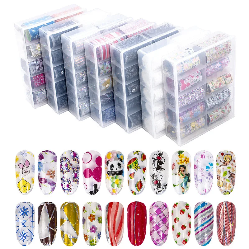 

10 Design/set 4*100cm Holographic Laces Nail Art Transfer Foil Stickers Paper Starry AB Color UV Gel Wraps Nail Adhesive Decals