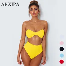 

ARXIPA 2018 New Two Piece High Waisted Swimsuit Bandeau Swimwear Women High Cut Bikini Set Bathing Suits Beachwear Swimming Wear