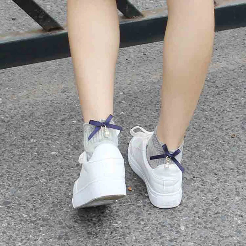 [EIOISAPRA]Pure Color Cotton Fashion Kawaii Pearl Bow Tie Socks Women College Style 6 Colors Funny Socks Calcetines Mujer
