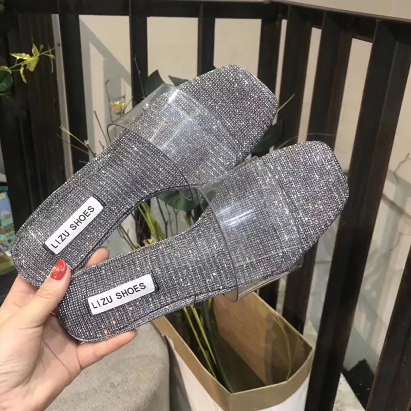 

2019 Newest style transparent slides woman mature thin high heels korean brand pvc gladiator sandals woman hot selling flipflops