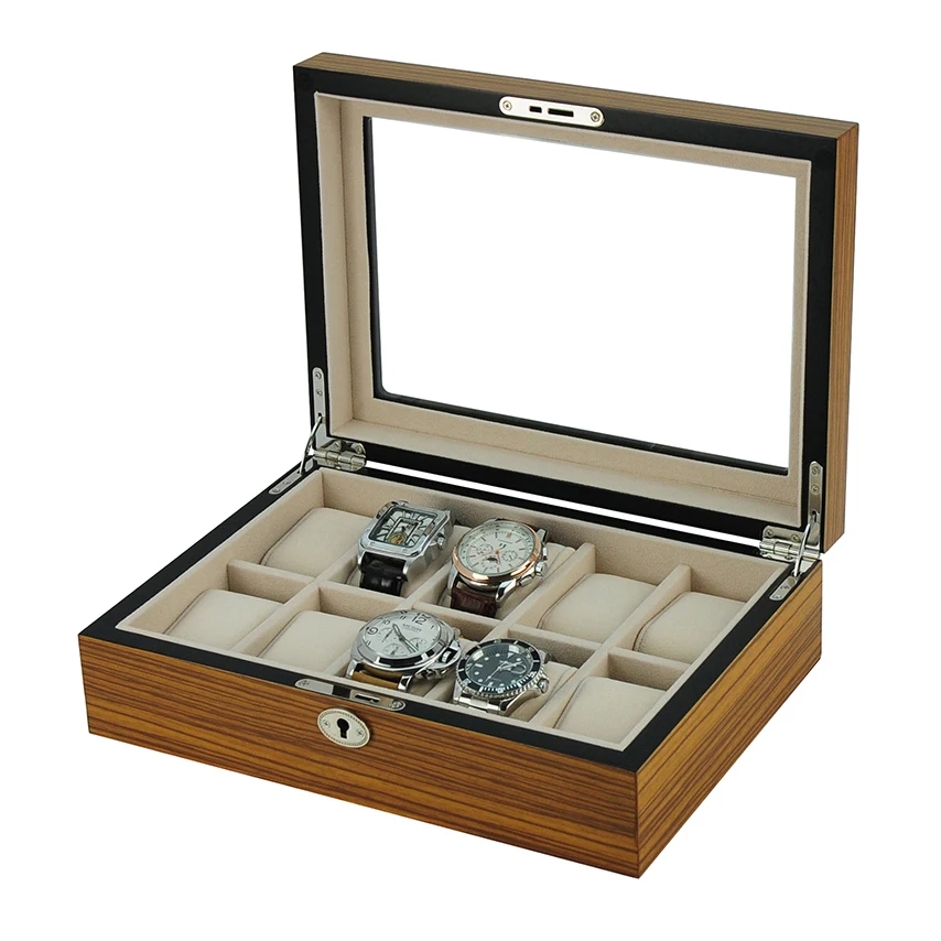 

SONNY 10 Slots Wooden Watch Box Display Case with Large Glass Top Storage Organizer Watch Box