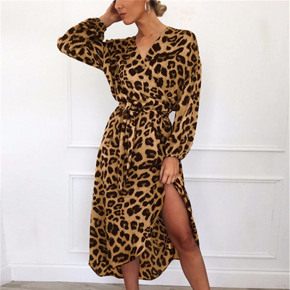 

Leopard Dress 2019 Women Chiffon Long Beach Dress Loose Long Sleeve Deep V-neck A-line Sexy Party Dress Vestidos de fiesta