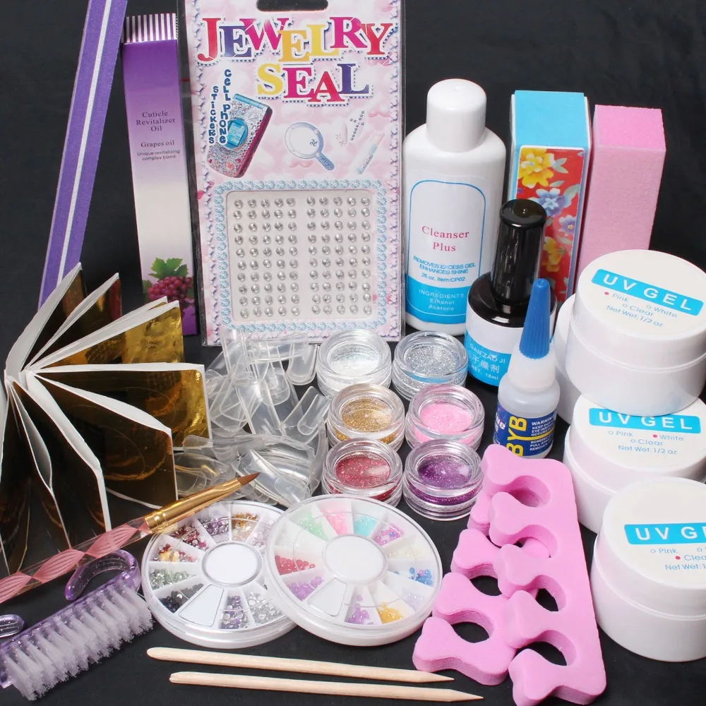 

Nail Art Kit UV Gel False French Tips Glitter Powder Glue Sanding File Nail Form