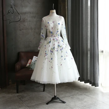 

Custom Made Embroidery Flowers Short Prom Gowns Illusion Long Sleeve High Neck Tea Length Banquet Party Dress Evening Gowns